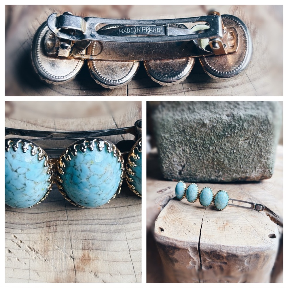 Vintage Turquoise Cabochon Barrette Made in France 2” Western Boho - Picture 10 of 14